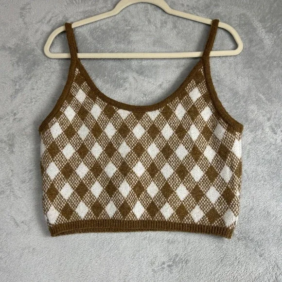Zara Knit Argyle Crop Top Sweater Tank L Festival Cozy Holiday Cabincore Baddie - Picture 2 of 7